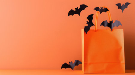 A bright orange shopping bag adorned with playful black bat decorations, set against a vibrant orange background, perfect for Halloween festivities and celebrations.の素材