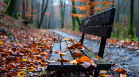 A tranquil autumn scene featuring a weathered wooden bench beside a pathway covered in vibrant fallen leaves, creating a peaceful atmosphere in a foggy forest.の素材