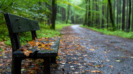 A serene park scene featuring a wet bench adorned with colorful autumn leaves, surrounded by a lush green forest and a winding pathway, inviting tranquility.の素材