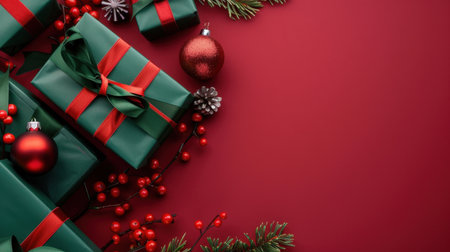 A delightful arrangement of beautifully wrapped Christmas gifts featuring elegant red bows, surrounded by festive decorations on a vibrant red background, perfect for holiday inspirations.の素材