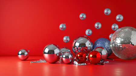 A vibrant arrangement of colorful metallic decorative balls and shiny spheres set against a bold red background, perfect for festive themes or celebrations.の素材