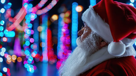 A joyful Santa Claus admires the colorful holiday lights in a vibrant festive setting, creating a magical atmosphere perfect for Christmas celebrations.の素材