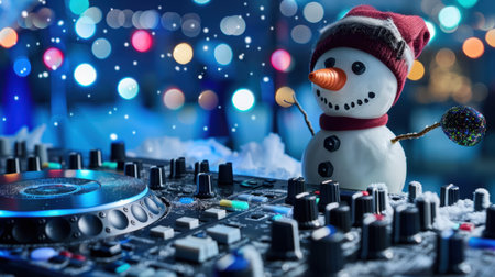A whimsical snowman DJ plays music in a lively winter setting, surrounded by colorful lights and festive decorations, creating an enchanting atmosphere.の素材