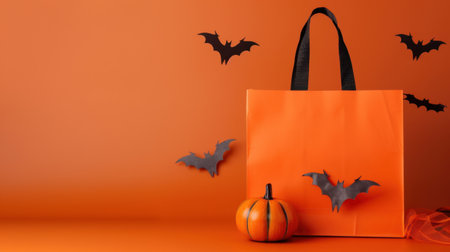 A bright, orange shopping bag adorned with Halloween bats alongside a cute pumpkin, creating a festive atmosphere perfect for autumn celebrations.の素材
