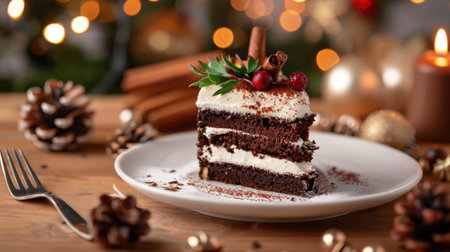 A tempting slice of rich chocolate cake topped with creamy icing and garnished with berries sits on a white plate, complemented by festive decorations and soft candlelight, perfect for holiday celebrations.の素材