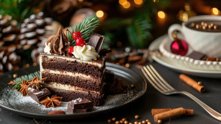 A stunning slice of decadent chocolate cake adorned with cream, berries, and chocolate. A cozy cup of warm beverage complements this festive treat, capturing the essence of holiday joy and indulgence.の素材