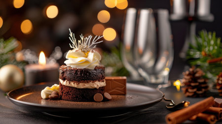 A stunning chocolate cake adorned with cream and decorative elements, set against a beautiful festive background. Perfect for winter celebrations.の素材