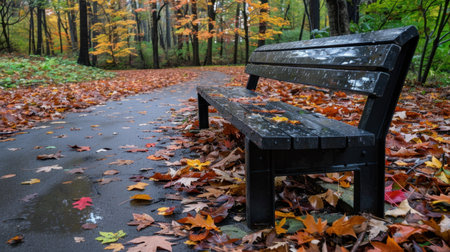 A tranquil autumn scene featuring a wet park bench amidst vibrant fallen leaves. The rain adds a serene ambiance to the colorful foliage and pathway.の素材