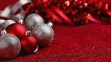 A beautiful arrangement of red and silver Christmas ornaments resting on a shimmering glittery background, perfect for holiday celebrations and decor inspiration.の素材