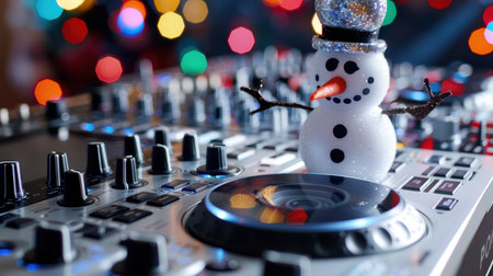 A charming snowman DJ stands on turntables, surrounded by vibrant holiday lights, creating a festive atmosphere perfect for winter celebrations.の素材