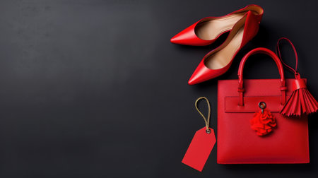 This image showcases a pair of elegant red high heels and a chic handbag, emphasizing fashion, style, and luxury for modern trends and inspiration.の素材
