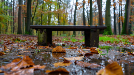 A serene autumn scene featuring a lonely wooden bench surrounded by colorful fallen leaves and wet ground after rain, capturing the beauty of nature.の素材