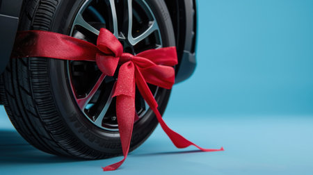 A stylish black car wheel adorned with a vibrant red ribbon tied in a bow, symbolizing gift-giving and celebration against a bright blue backdrop.の素材