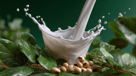 This image captures the dynamic splash of milk pouring into a bowl, surrounded by fresh green leaves and beans. Ideal for culinary or health-related themes.の素材