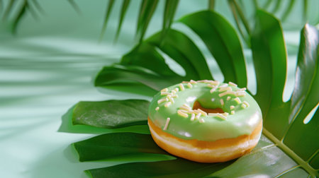 A delightful green glazed donut topped with colorful sprinkles nestled among tropical leaves. This vibrant image captures the essence of joy and indulgence.の素材