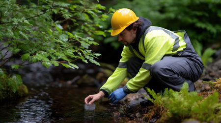 An environmental scientist kneels by a clear stream in a vibrant forest, carefully collecting water samples for studies on water quality and ecological health.の素材