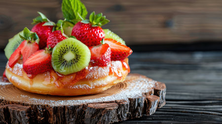 A beautifully arranged dessert showcasing a donut topped with fresh strawberries and kiwi on a rustic wooden slice, garnished with mint leaves. Perfect for food photography.の素材