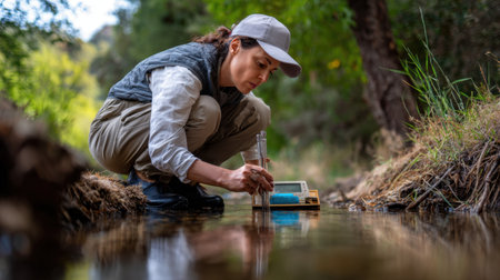 A dedicated female scientist crouches beside a serene stream, carefully collecting a water sample for environmental research, showcasing the importance of ecology.の素材