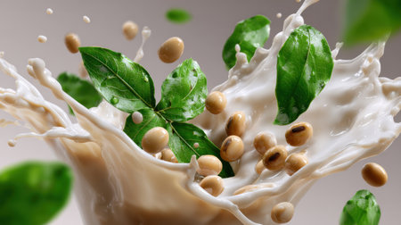 A vibrant splash of soy milk with fresh green leaves and brown soybeans captures the essence of natural ingredients, perfect for health-focused concepts.の素材