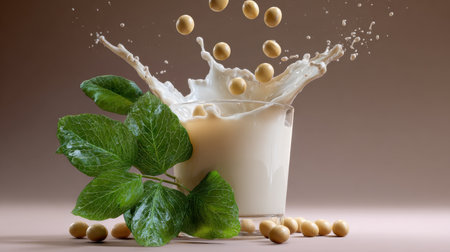 A captivating image showcasing a glass of fresh soy milk with an energetic splash and green leaves, emphasizing health and natural ingredients.の素材