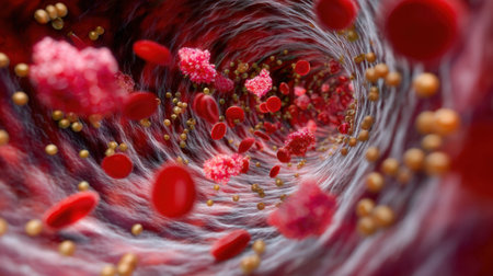 Vivid illustration showcasing the intricate flow of blood and cellular interaction within a human blood vessel, perfect for educational and scientific applications.の素材