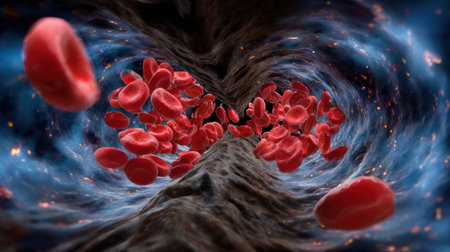 This striking illustration depicts red blood cells navigating through human veins, set against an abstract cosmic backdrop, highlighting intricate human anatomy and circulation.の素材
