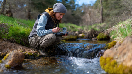 A woman kneels by a serene stream, focused on capturing the beauty of nature with a vintage camera. Surrounded by lush greenery and a tranquil setting, she embodies the spirit of outdoor photography and exploration.の素材