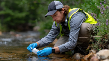 A dedicated scientist in protective gear kneels beside a tranquil stream, carefully collecting water samples for quality analysis and ecological research.の素材