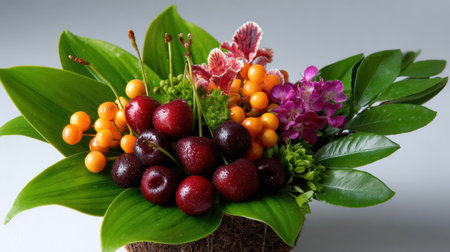 This stunning arrangement features a blend of fresh fruit and exotic flowers, adding a vibrant touch to any celebration or event. Perfect for decorations.の素材