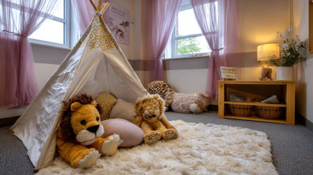 A charming children's playroom featuring a cozy teepee tent and plush lion toys, set against a warm backdrop with soft rugs and inviting decor.の素材