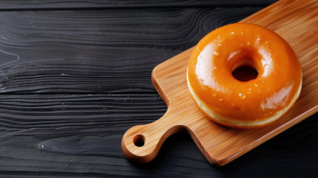 A freshly made orange-glazed doughnut sits elegantly on a wooden serving board, showcasing its glossy finish against a dark background. Ideal for food photography.の素材