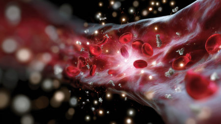 This abstract illustration depicts the vibrant flow of blood within the human body, showcasing red blood cells and plasma in an energetic motion, ideal for medical and educational purposes.の素材