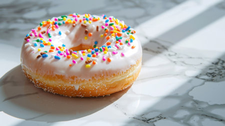 A delightful pink iced donut topped with colorful sprinkles sits on a marble surface, beautifully illuminated by natural light, creating an inviting treat.の素材