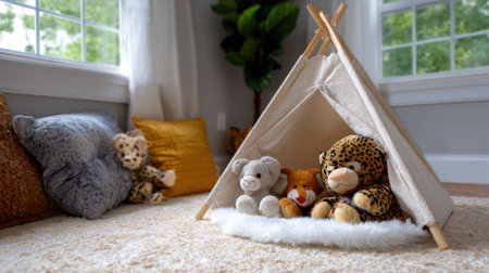 This image showcases a cozy play space featuring a soft toy-filled tent, surrounded by cushions and bathed in natural light, ideal for imaginative play.の素材