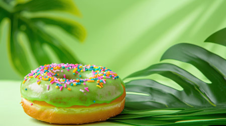 A vibrant donut featuring bright green icing and colorful sprinkles, set against a background of tropical leaves, perfect for food-themed visuals.の素材