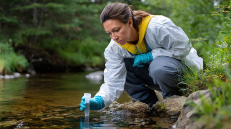 A woman in protective gear carefully collects a water sample from a crystal-clear stream, highlighting the importance of environmental research and conservation efforts.の素材