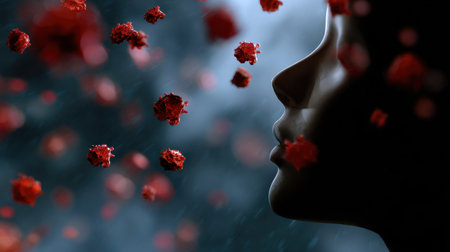 A dramatic silhouette of a face surrounded by floating red spherical particles against a moody backdrop, symbolizing health and disease awareness.の素材