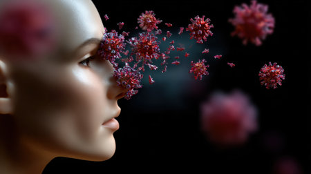 This artistic portrayal captures a human profile with an emphasis on the interaction between viruses and health risks, evoking the importance of awareness and prevention strategies.の素材