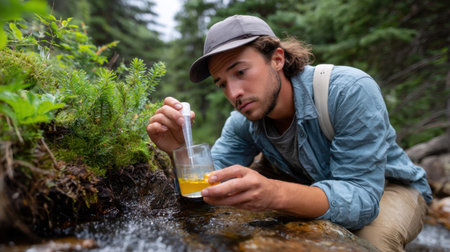 A young man carefully collects a water sample from a clear stream using a pipette, surrounded by lush greenery, promoting environmental research and conservation.の素材