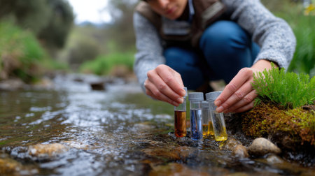 A person carefully collecting water samples in a natural stream setting, representing vital efforts in monitoring and preserving environmental health through science.の素材