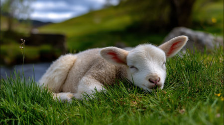 A young lamb enjoying a nap on lush green grass beside a gentle stream creates a serene and tranquil rural scene, showcasing nature's beauty and innocence.の素材