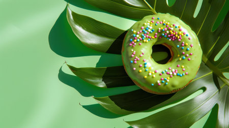 A vibrant green donut topped with colorful sprinkles sits elegantly on lush tropical leaves, creating a fun and inviting dessert display.の素材