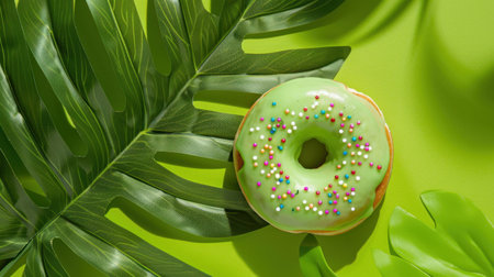 A delightful green donut adorned with colorful sprinkles sits on a vibrant green surface, surrounded by tropical leaves, creating a playful and fresh aesthetic.の素材