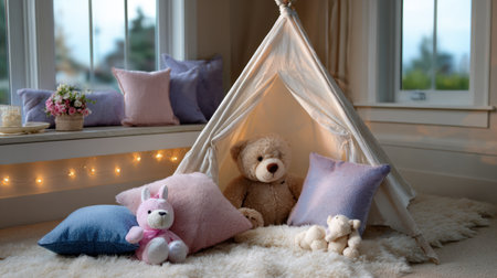 This charming indoor play tent creates a cozy space for children, filled with soft stuffed toys and colorful cushions inviting play and imagination.の素材