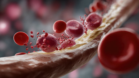 This image offers a detailed view of blood cells navigating through an artery, showcasing the essential dynamics of circulation and their vital role in human health.の素材