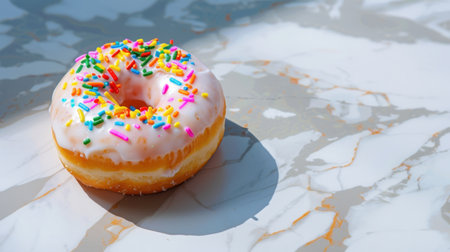 A delightful pink frosted donut adorned with vibrant sprinkles rests on a light marble surface, capturing the essence of sweetness and indulgence.の素材