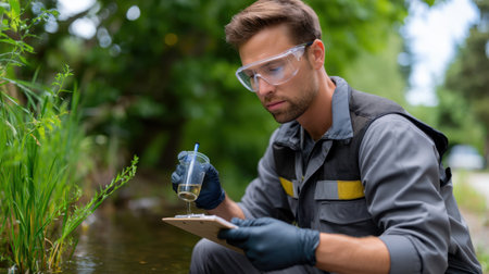 A focused environmental scientist in protective gear conducting an important water quality analysis beside a tranquil stream in a natural setting.の素材