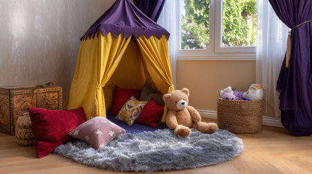This charming play area features a colorful tent, plush cushions, and a soft rug, creating a cozy and inviting space for children to play and explore.の素材