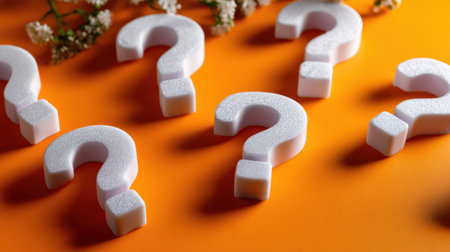 A vibrant orange backdrop features soft white foam question marks, surrounded by delicate flowers, perfect for concepts of curiosity and imagination.の素材