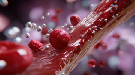 This stunning 3D illustration depicts the dynamic flow of blood through a human vein, showcasing red blood cells and plasma elements in intricate detail.の素材